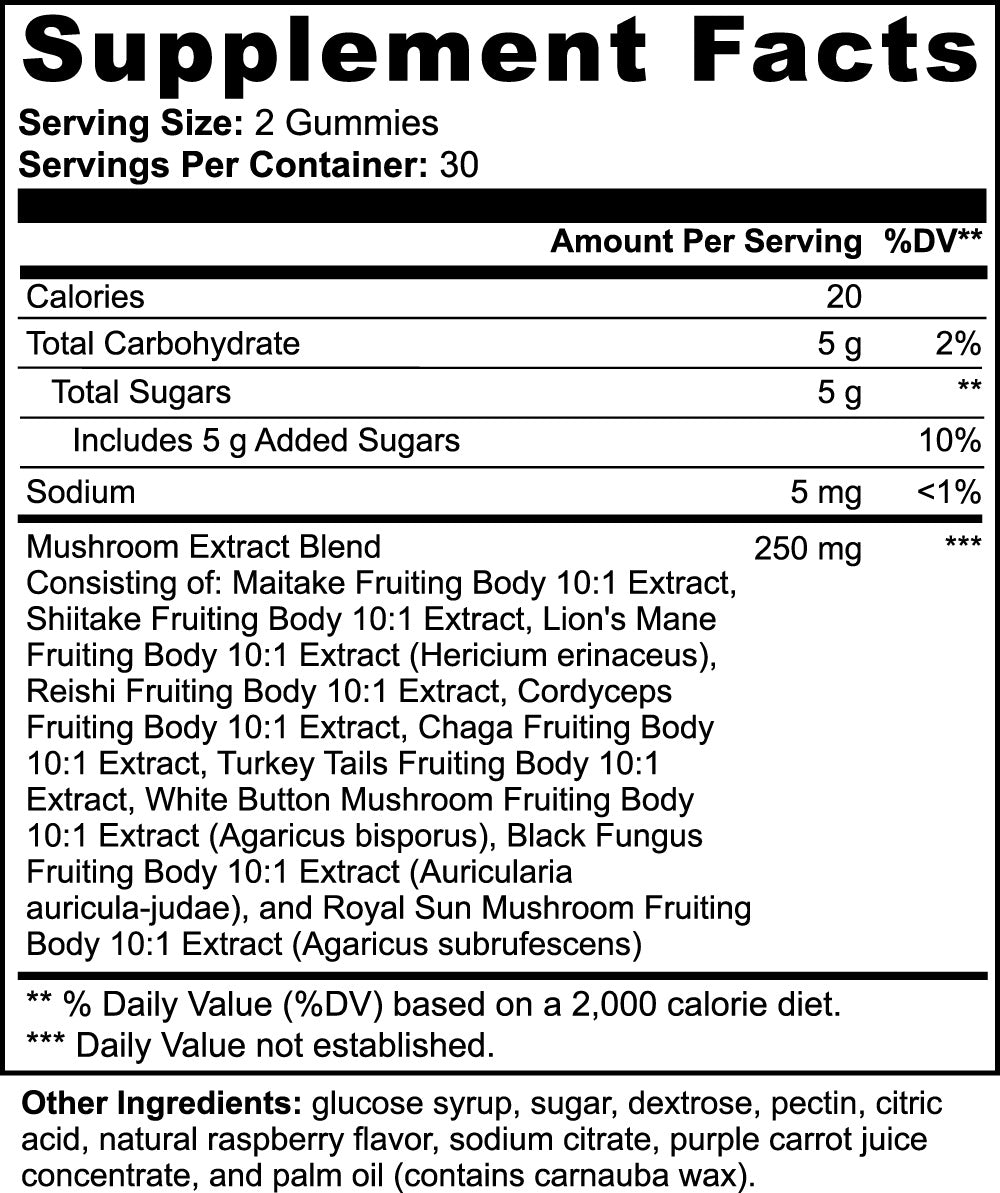 Raspberry Mushroom 60 Gummies Brain, Immunity & Energy Boost