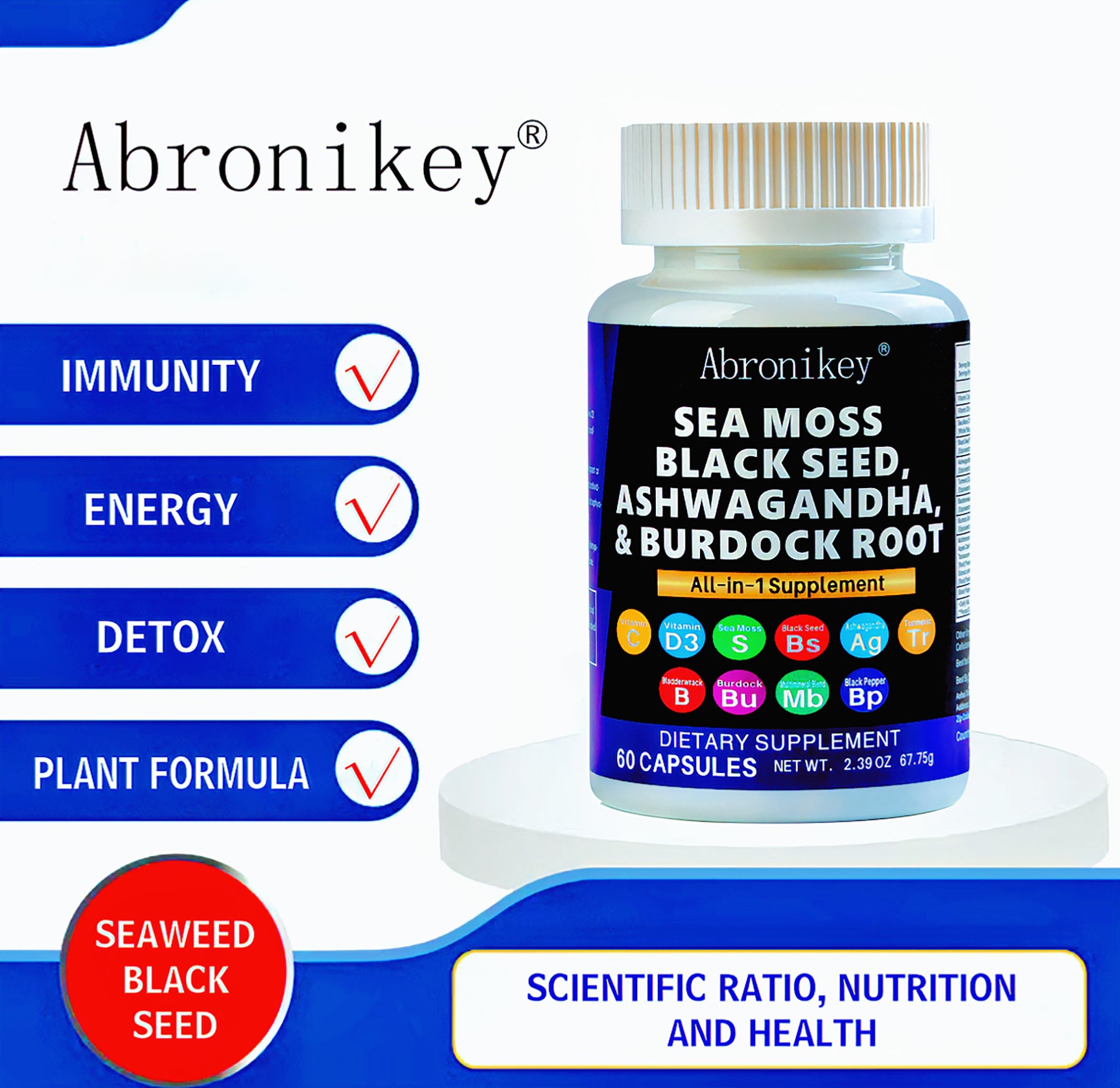 Abronikey Sea Moss Complex Sea Moss Supplement 15-in-1 Superfood Formula