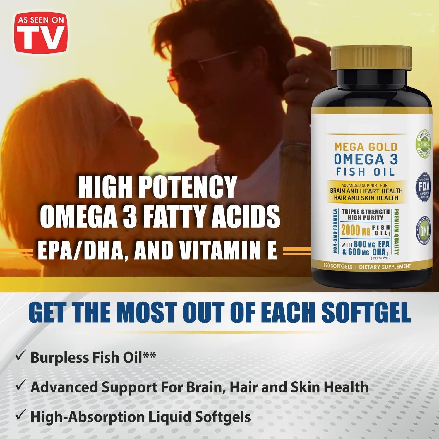 Mega Gold Omega 3 Fish Oil Triple Strength 2000 mg 120 Soft Gels